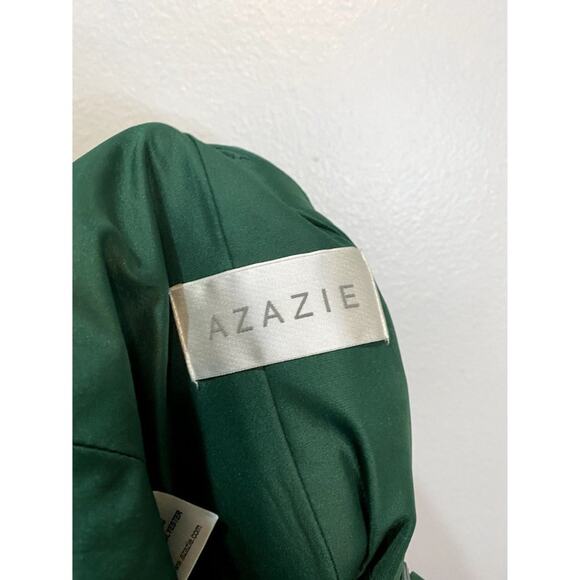 Azazie Size 4 Julianna Formal Dress Maxi A Line Pleated Waist V Neck Dark Green - Picture 10 of 14